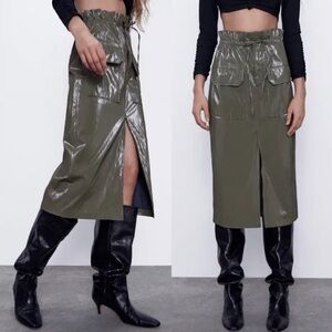 ZARA Green /Grey  Faux Leather Pencil midi skirt Glam Rocker chic  sz medium